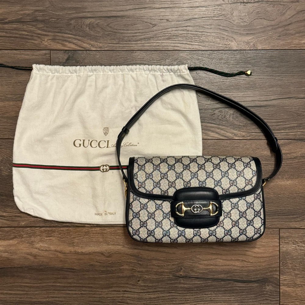 Vintage Gucci Horsebit 1955 Shoulder Bag in Navy Blue Coated Canvas & Leather